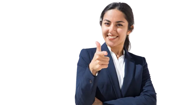 Woman in gray blazer with glasses holding folders, smiling